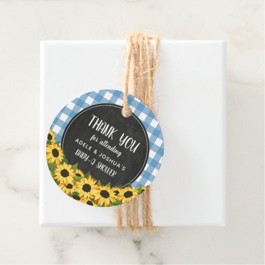 Blue Gingham & Zonnebloemen Baby-Q Douche Dank u Bedankjes Labels (In situ)