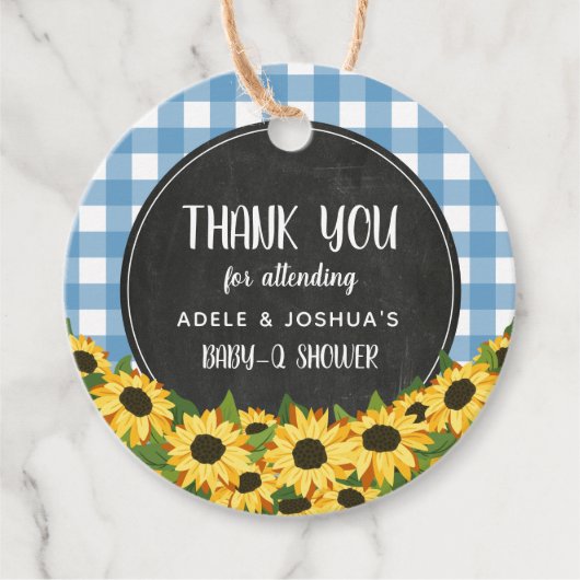Blue Gingham & Zonnebloemen Baby-Q Douche Dank u Bedankjes Labels (Voorkant)