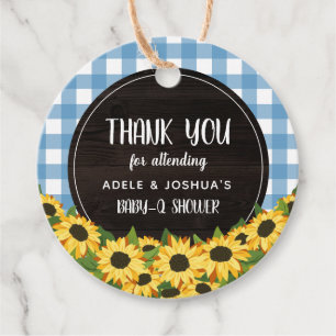 Blue Gingham & Zonnebloemen Baby-Q Douche Dank u Bedankjes Labels