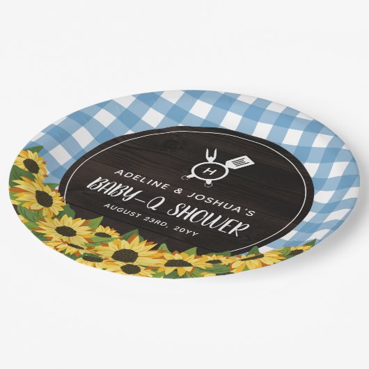 Blue Gingham & Zonnebloemen Rustieke Baby-Q Douche Papieren Bordje (Gekanteld)