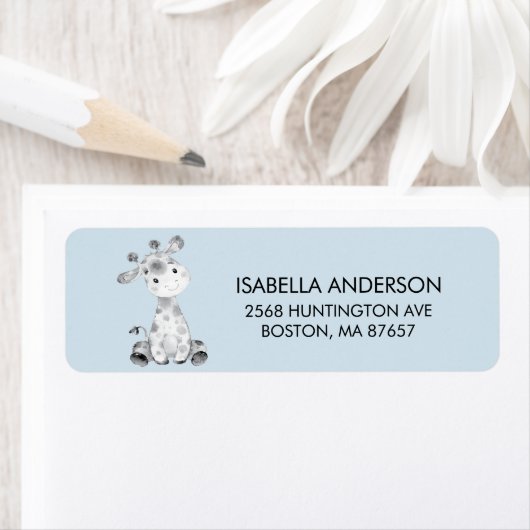 Blue Giraffe Baby shower Address Label (Insitu)
