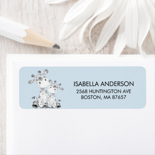 Blue Giraffe Baby shower Address Label (Insitu)