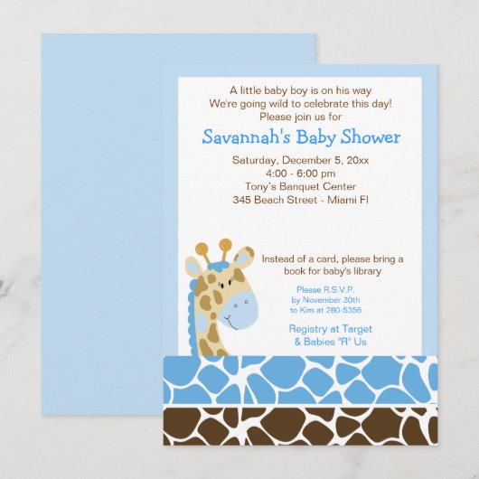 Blue Giraffe Boy Baby shower Uitnodiging (Voorkant / Achterkant)