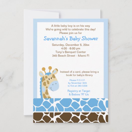 Blue Giraffe Boy Baby shower Uitnodiging (Voorkant)