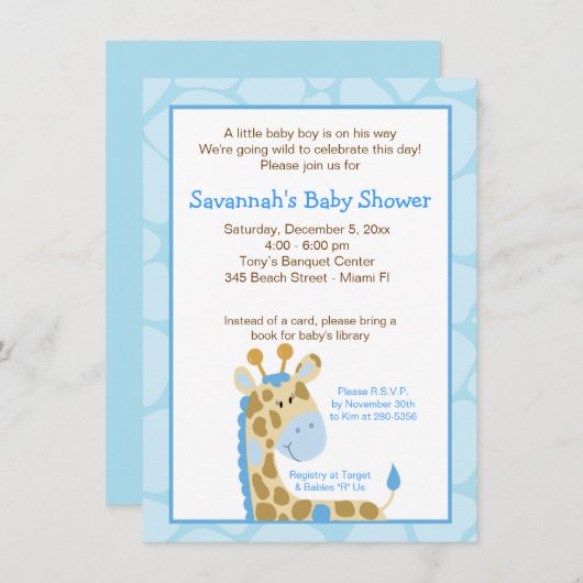 Blue Giraffe Boy Baby shower Uitnodiging (Voorkant / Achterkant)