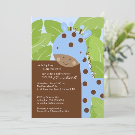 Blue Giraffe Boy Baby shower Uitnodiging (Staand voorkant)