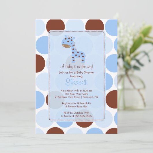 Blue Giraffe Boy Baby shower Uitnodiging (Staand voorkant)