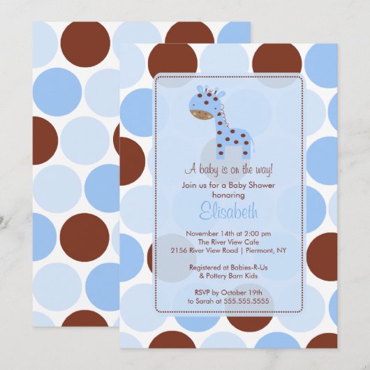 Blue Giraffe Boy Baby shower Uitnodiging (Voorkant / Achterkant)