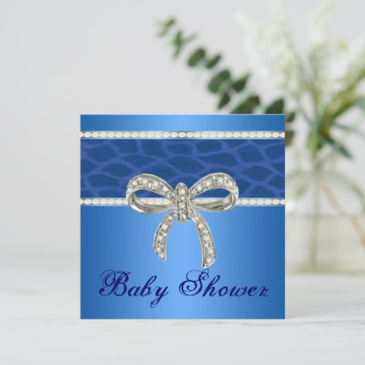 Blue Giraffe Diamond Bow Baby shower Invitation Kaart (Staand voorkant)