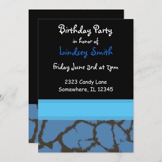 Blue Giraffe Fur Pattern Birthday Uitnodiging (Voorkant / Achterkant)