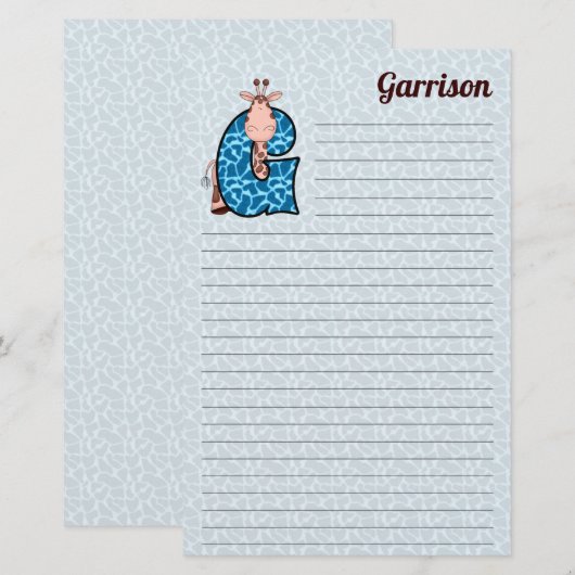 Blue Giraffe Mongrammed G Lined Briefpapier (Voorkant / Achterkant)