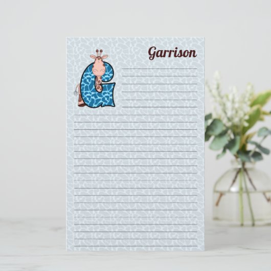 Blue Giraffe Mongrammed G Lined Briefpapier (Staand voorkant)