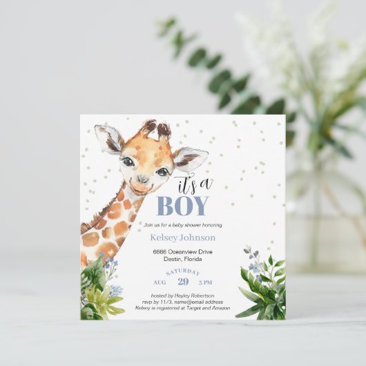 Blue Giraffe Oerwoud Safari Het is een Boy Baby sh Kaart (Staand voorkant)