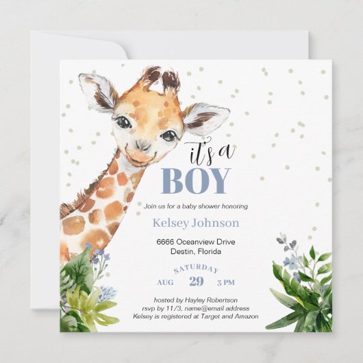 Blue Giraffe Oerwoud Safari Het is een Boy Baby sh Kaart (Voorkant)