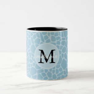 Blue Giraffe Print Monogram Tweekleurige Koffiemok