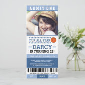 Blue Girl Basketball Ticket Birthday Invites Kaart (Staand voorkant)