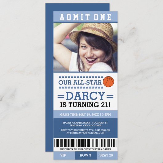 Blue Girl Basketball Ticket Birthday Invites Kaart (Voorkant / Achterkant)