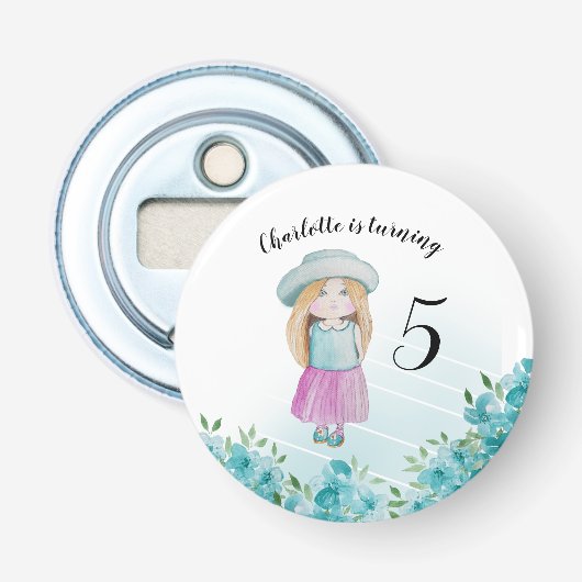 Blue Girl Doll Waterverf Handgeschilderd Button Flesopener (Voorkant)