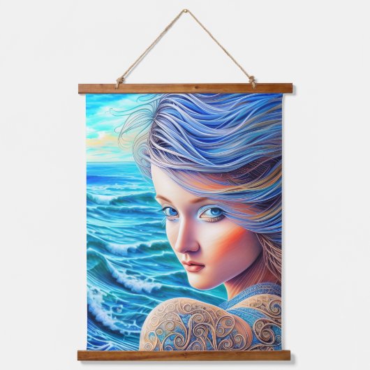 Blue Girl Ocean Waves Fantasy Fine Artwork Hangend Wandkleed (Voorkant)