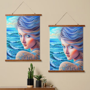 Blue Girl Ocean Waves Fantasy Fine Artwork Hangend Wandkleed