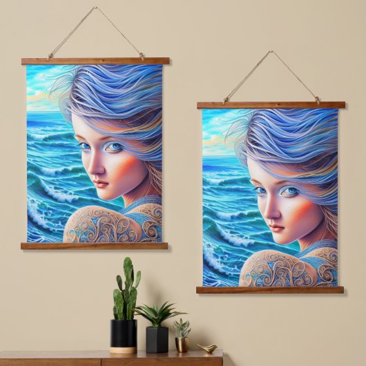 Blue Girl Ocean Waves Fantasy Fine Artwork Hangend Wandkleed (Asymmetrisch)