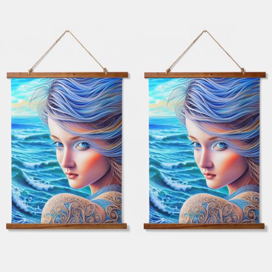 Blue Girl Ocean Waves Fantasy Fine Artwork Hangend Wandkleed (Dubbel)