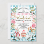 Blue Girls Alice in Wonderland Birthday Invitation Kaart (Voorkant)