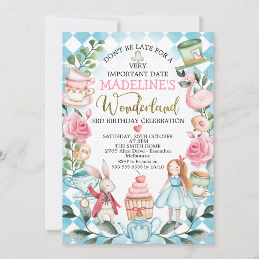 Blue Girls Alice in Wonderland Birthday Invitation Kaart (Voorkant)