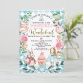 Blue Girls Alice in Wonderland Birthday Invitation Kaart (Staand voorkant)