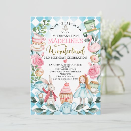 Blue Girls Alice in Wonderland Birthday Invitation Kaart (Staand voorkant)
