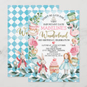 Blue Girls Alice in Wonderland Birthday Invitation Kaart (Voorkant / Achterkant)