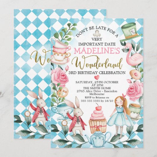Blue Girls Alice in Wonderland Birthday Invitation Kaart (Voorkant / Achterkant)