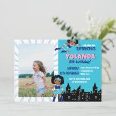 Blue Girls Superhero Kids Verjaardag Kaart (Staand voorkant)