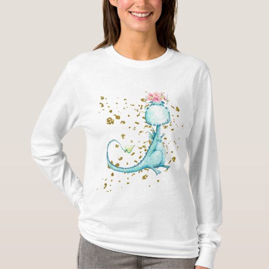 *~* Blue Girly Dragon Dinosaur Flowers Glitter T-shirt (Voorkant)