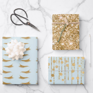  Blue Girly Gold Glam Glitter Wimpers Inpakpapier Vel