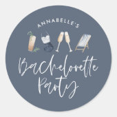 Blue girly modern champagne script bachelorette ronde sticker (Voorkant)