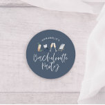 Blue girly modern champagne script bachelorette ronde sticker<br><div class="desc">Navy blue summery girly modern champagne script bachelorette party design.</div>