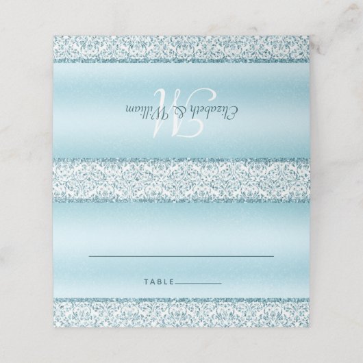 Blue Glam Damask Glitter Monogram Weddenschap Plaatskaartje (Buitenkant ongevouwen)
