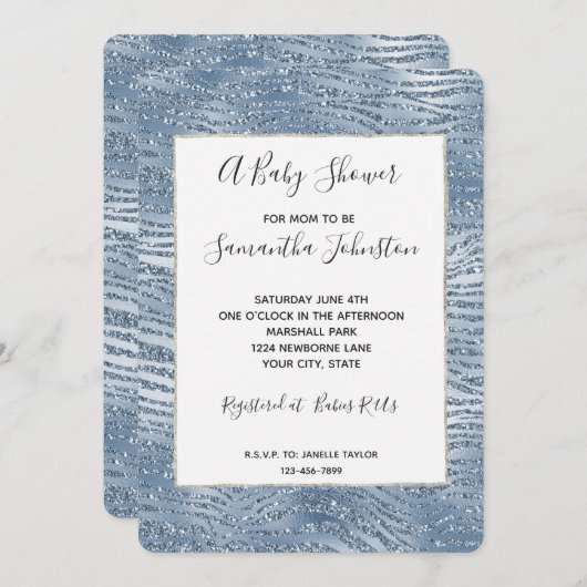 Blue Glam Glitter Zebra Print Baby shower Kaart (Voorkant / Achterkant)