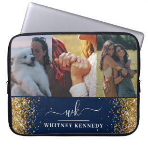 Blue Glam Gold Glitter 3 Photo Collage Monogramed Laptop Sleeve