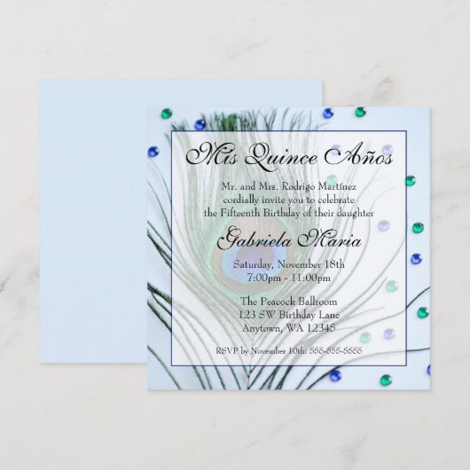 Blue Glam Peacock Feather Quinceanera Birthday Kaart (Voorkant / Achterkant)