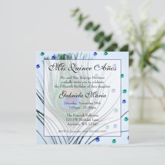 Blue Glam Peacock Feather Quinceanera Birthday Kaart (Staand voorkant)