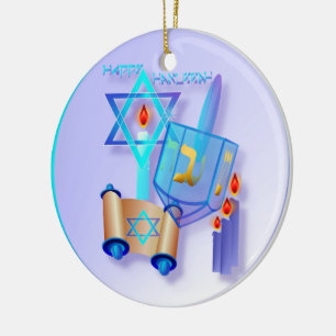 Blue Glass Dreidel-Happy Hanukkah Keramisch Ornament