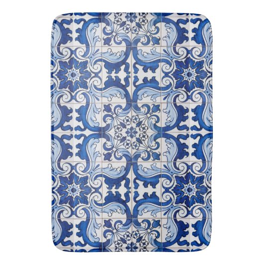 Blue Glazed Azulejo Tegel Floral Pattern Badmat (Voorkant Verticaal)