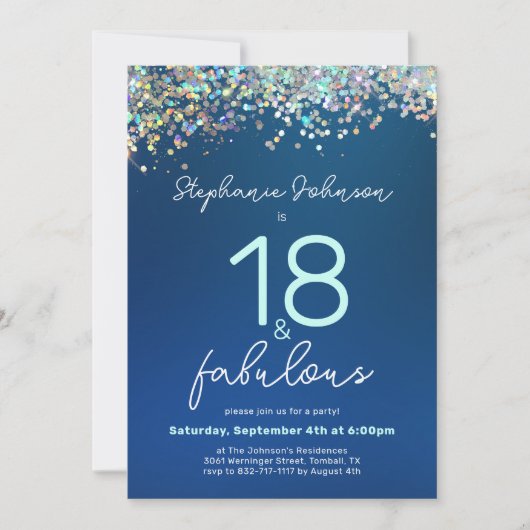 Blue Glitter 18 en Fabulous 18th Birthday Party Kaart (Voorkant)