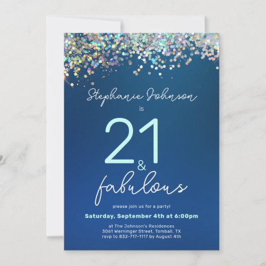 Blue Glitter 21 en Fabulous 21st Verjaardagsfeest Kaart (Voorkant)