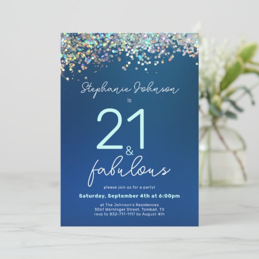 Blue Glitter 21 en Fabulous 21st Verjaardagsfeest Kaart (Staand voorkant)