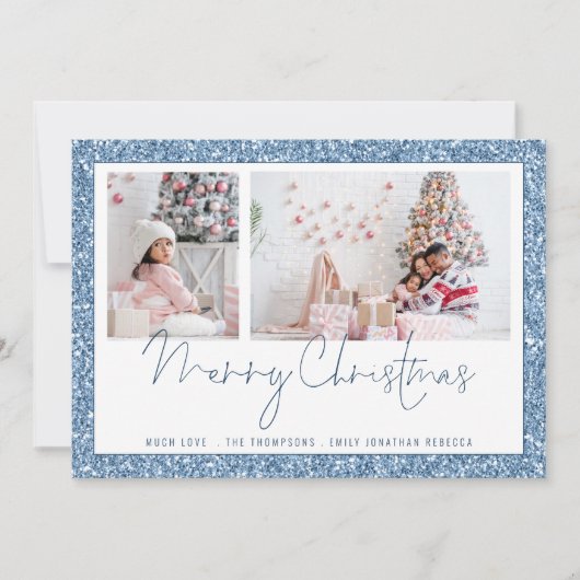 Blue Glitter 2 Photo Script Merry Kerstmis Kaart (Voorkant)