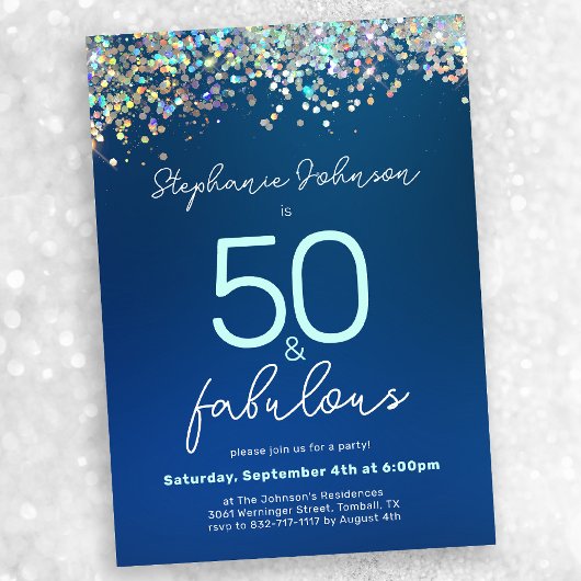 Blue Glitter 50 en Fabulous 50ste verjaardagsfeest Kaart