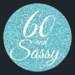 Blue Glitter 60 en Sassy 60th Birthday Ronde Sticker<br><div class="desc">Viel het draaien van 60 in stijl met dit elegante 60ste verjaardagsontwerp op een blauwe glitterachtergrond. De woorden 60 en sassy worden geplaatst gebruikend modern manuscript en typografie. De gelijkaardige producten zoals uitnodigingen en partijlevering en giften zijn beschikbaar in onze winkel. Als je hulp nodig hebt, kun je contact met...</div>